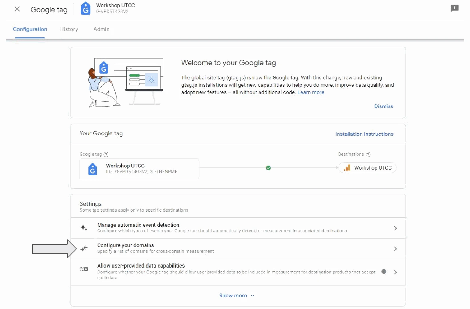 การเลือกเมนู Configure your domains ในหน้า Google Tag Settings