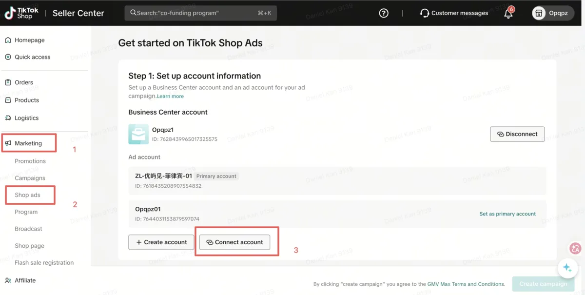 เข้าเมนู Marketing แล้วกด Shop ads เพื่อ Connect account ใน TikTokShop Seller Center
