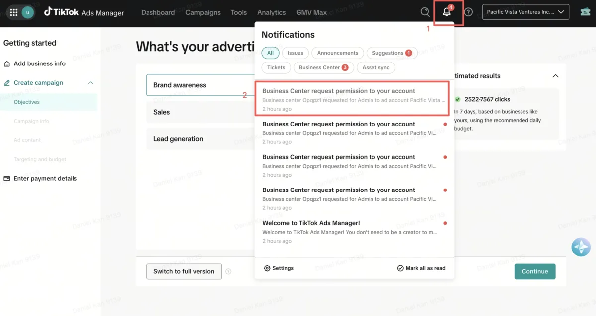 เข้า TikTok Ads Manager แล้วกดไอคอน Notifications เพื่อดูคำขอเชื่อมบัญชี