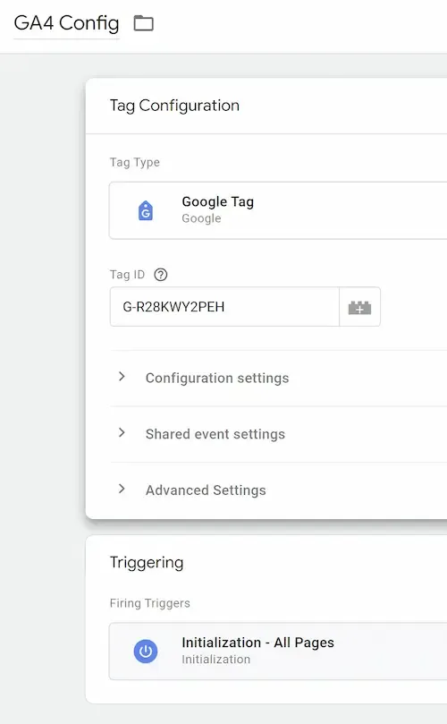 ขั้นตอนการตั้งค่า GA4 Config ใน Google Tag Manager โดยใส่รหัส Tag ID และกำหนด Trigger เป็นแบบ Initialization - All Pages