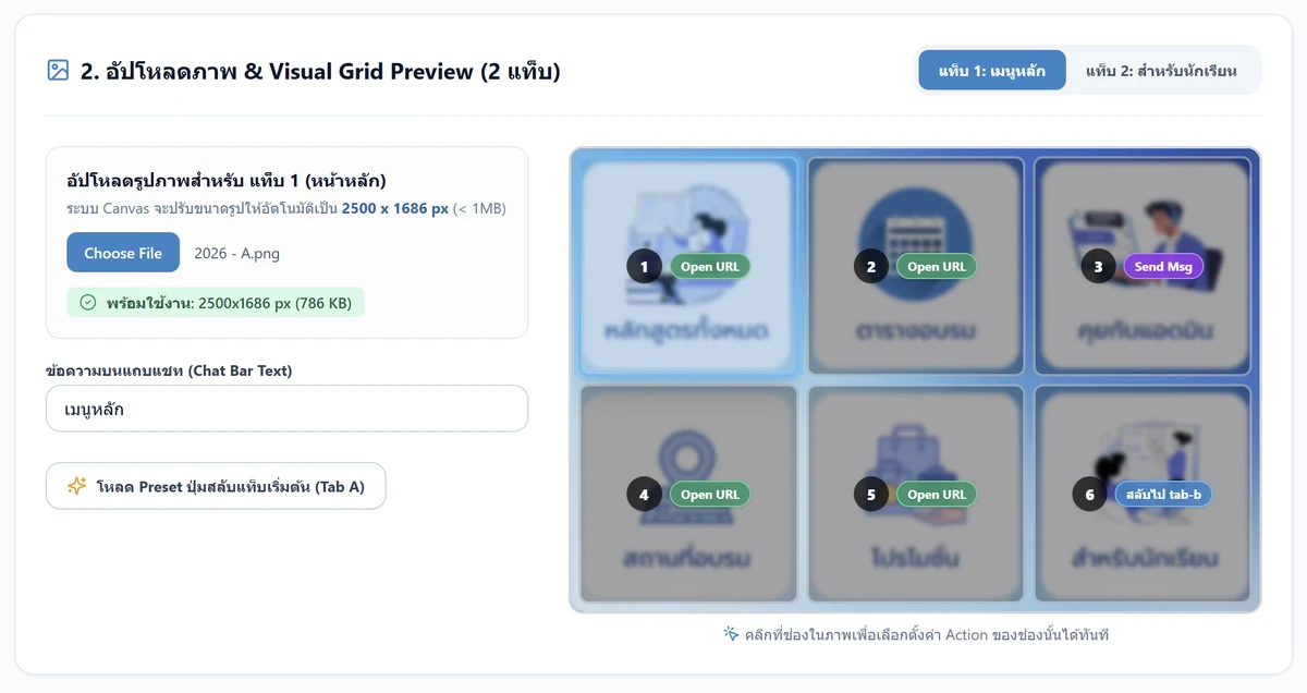 หน้าเครื่องมือแสดงการอัปโหลดรูปแท็บ 1 สำเร็จ พร้อม Visual Grid Preview
